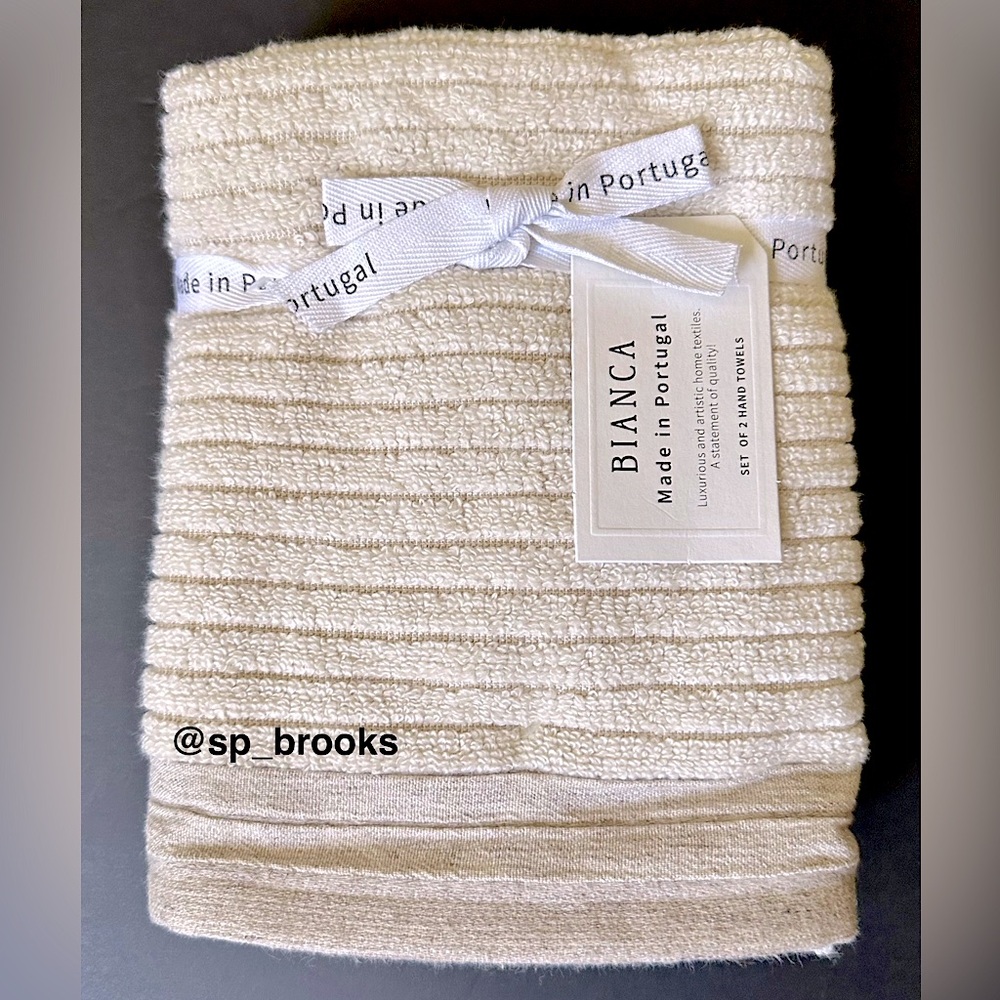 🎁BIANCA Hand Towel Set - Dark Oatmeal with Taupe Wide Ridged Woven Border - 2PCS